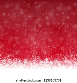 seamless snow flakes on bottom side, abstract fall of snow and red colored background