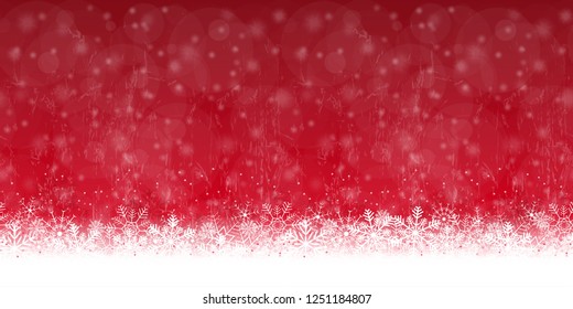 seamless snow flakes on bottom side, abstract fall of snow and red colored background