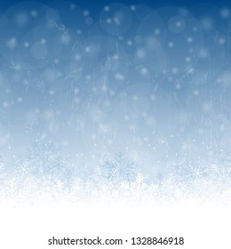 seamless snow flakes on bottom side, abstract fall of snow and blue colored background