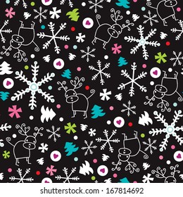 Seamless snow flakes and reindeer doodle background pattern in vector