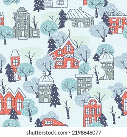 Seamless snow pattern with simple bright houses and trees. Winter time background.