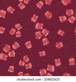 Seamless snowdrop bluebell flower pattern on crimson red background