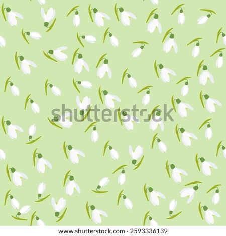 Seamless snowdrops floral pattern featuring delicate white flowers on a green background. Ideal for textile design, packaging, wallpaper. Vector illustration