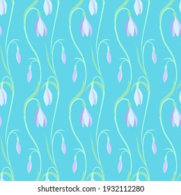 Seamless snowdrops pattern. Cute Isolated Spring flowers on background for your design. Floral nature. Perfect for fabrics print, background, wallpaper, Greeting card. Vector element. EPS 8.