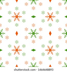 Seamless snowflake background in red and green on white. Traditional Christmas ornament.