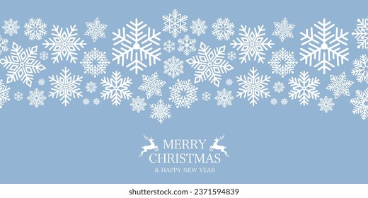 Borde de copos de nieve sin foco, diseño navideño para tarjeta de saludo. Ilustración vectorial, alegre navidad encabezado o banner de copo de nieve, tapicería o decoración de fondo