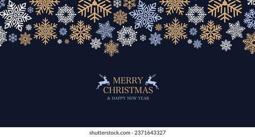 Seamless snowflake border, Christmas design for greeting card. Vector illustration, merry xmas snow flake header or banner, wallpaper or backdrop decor