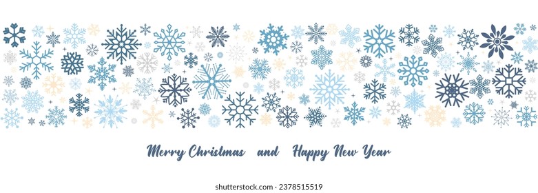 seamless snowflake border, Christmas design for greeting card. Snowfall repeat backdrop