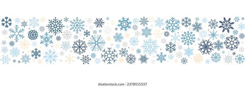 seamless snowflake border, Christmas design for greeting card. Snowfall repeat backdrop