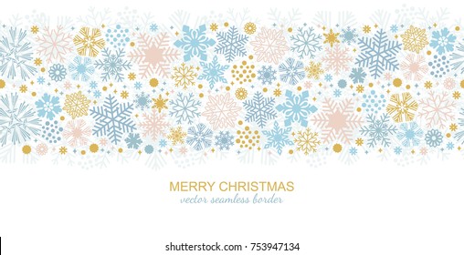 Seamless snowflake border decoration isolated on white background, Merry Christmas design for greeting card or postcard. Vector illustration, xmas flake header or banner