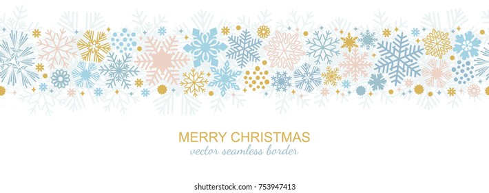 Seamless snowflake border decoration isolated on white background, Christmas design for greeting postcard. Vector illustration, merry xmas flake header or banner, wallpaper or backdrop decor