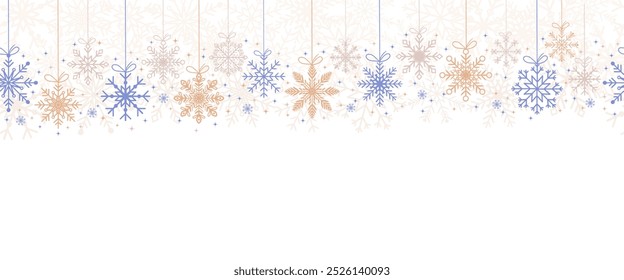 Seamless snowflake border, festive decoration on white background, Merry Christmas design for greeting card, horizontal new year background, headers, posters, cards, website, and flyers. Vector.