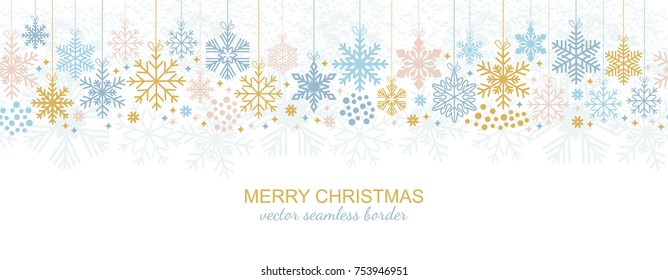 Seamless Snowflake Border, Festive Decoration Isolated On White Background, Merry Christmas Design For Greeting Card Or Postcard. Vector Illustration, Xmas Snow Flake Header Or Banner