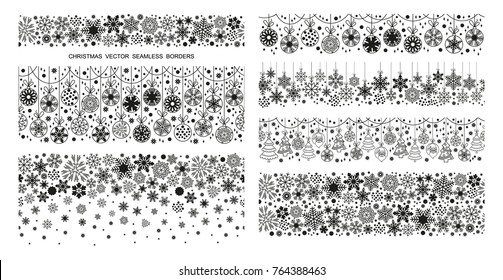 Seamless snowflake border set, white background, Christmas design collection. Vector illustration, merry xmas flake header or banner, wallpaper or backdrop decor