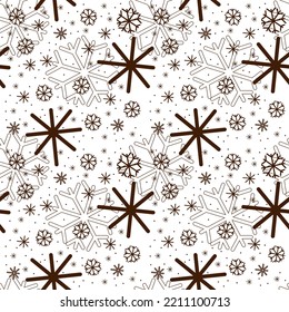 Seamless snowflake Christmas pattern. Seamless vector dark snowflakes of different sizes on transparent background for printing on fabric or wrapping paper.	
