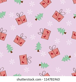 Seamless Snowflake Gift and Tree pattern pink background,vector