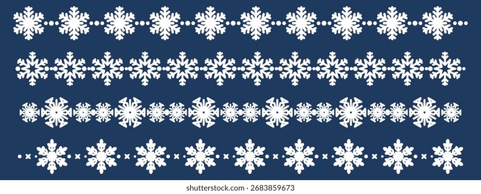 Bordes de encaje de copo de nieve sin costuras sobre fondo azul. Elementos de adorno de divisores y Navidades de invierno para tarjetas festivas, decoración navideña y diseño estacional.