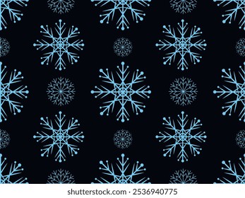 Patrón de copo de nieve sin fisuras, copos de nieve azules sobre fondo negro, copo de nieve de Navidades. Ilustración vectorial conveniente para el modelo de las Navidades, fondo, papel de embalaje, materia textil