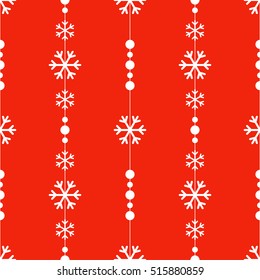 Seamless snowflake pattern. Christmas gift paper print. Traditional winter holidays ornament on red background. Garlands. Beads. Abstract Background. Vector Illustration.