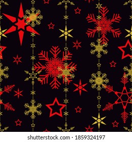 Seamless snowflake pattern for Christmas, holiday - event, New Year gift wrapper paper, backgrounds. Snowflakes in gold and red colors.