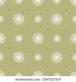 Ein nahtloses Schneeflocken-Muster-Design. Frostige Kristalle schaffen eine sich wiederholende Textur für Weihnachten oder saisonale Feiern. Geometrisches Schneeflocken-Design.