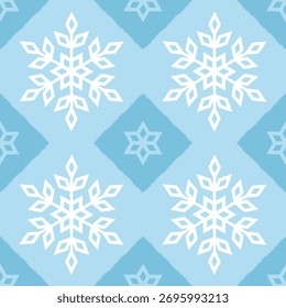 Seamless snowflake pattern design in woven fabric style with blue and white color. For textiles, tiles, gift wrapping paper and seamless artwork background.