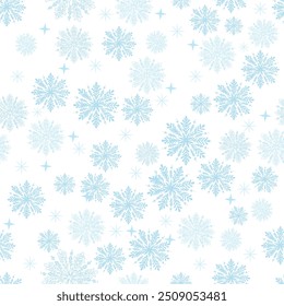 Seamless snowflake pattern for festive Christmas winter design. A seamless pattern of blue snowflakes on white background, on a new year themed background. Winter is coming.