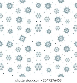 A seamless snowflake pattern with Nordic-inspired blue designs on a white background, perfect for minimalistic holiday decorations, greeting cards, or winter projects.