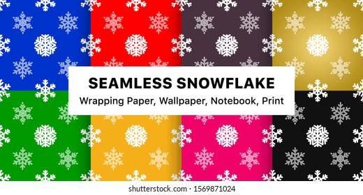 Seamless snowflake wrapping paper pattern collection. white snow/star icon repeating on colorful gradient background for packaging, notebook, brochure, banner, poster, wallpaper, website, fashion bags