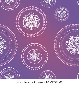 Seamless snowflakes background in circles on purple