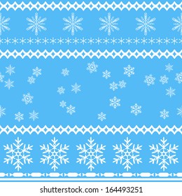 Seamless snowflakes background in rows and scattered on blue.