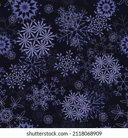 Seamless snowflakes background for winter and christmas theme. Very peri modern color. Vector Illustration.