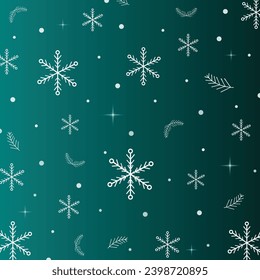Seamless snowflakes. Christmas elements, winter snow abstract green background. Vector  white snowflakes.Snowflakes pattern.Falling Snow.Fabric.Stars