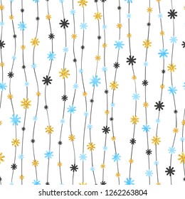 Seamless snowflakes pattern in blue, black and golden colors. Vector Christmas celebration background.