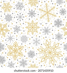 Seamless snowflakes pattern for Christmas and New year postcards or greetings. Winter background of snowflakes.