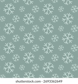 Patrón de copos de nieve sin fisuras sobre fondo verde. Impresión dibujada a mano fría del invierno del Vector de la historieta. 