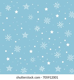 Seamless snowflakes pattern. Winter Christmas illustration. White snowflakes and stars on blue background.