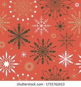 Seamless snowflakes shape with red and green colored in look brown craft paper