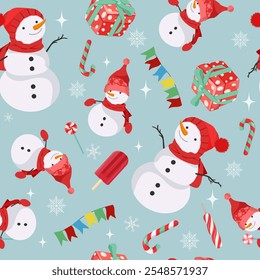 Seamless snowman, gifts, ice cream and candy canes pattern for Christmas. For decoration textile, packaging.