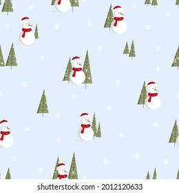 Seamless snowman with pine tree and snowflakes on blue background,Cute winter cartooon repeat pattern background for wrapping paper, gift, ornaments on Christmas or New Year 