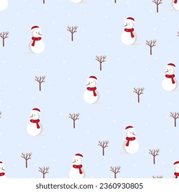 Seamless snowman with pine tree and snowflakes on blue background,Cute winter cartooon repeat pattern background for wrapping paper, gift, ornaments on Christmas or New Year 