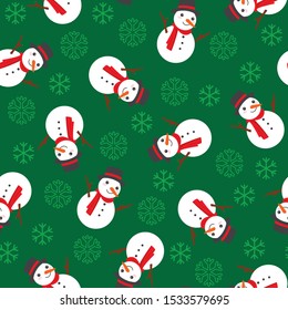 Seamless Snowman With Snowflakes Pattern With Green Background