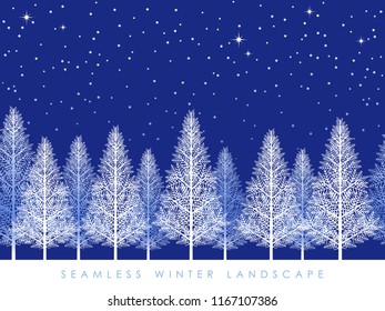 Seamless snowy forest landscape, vector illustration. Horizontally repeatable.