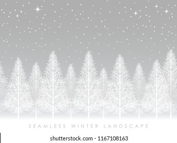 Seamless snowy forest landscape, vector illustration. Horizontally repeatable.