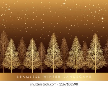 Seamless snowy forest landscape, vector illustration. Horizontally repeatable.