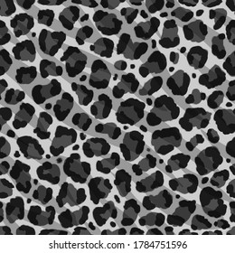 Seamless snowy leopard, ocelot or wild cat fur with tiger stripes pattern print. Animal skin stylized gray and silver white vector background.