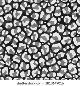 Seamless snowy leopard, ocelot or wild cat fur with tiger stripes pattern print. Animal skin stylized gray and silver white vector background.