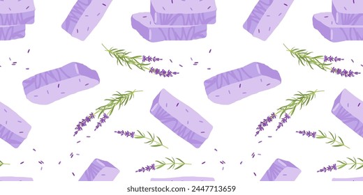 Patrón de jabón sin costuras. Jabón de lavanda natural hecho a mano. Barras de jabón con hierba de lavanda. Vector plano Ilustración para Fondo de pantalla, tela, embalaje, envoltura. Productos de spa orgánicos naturales cosméticos