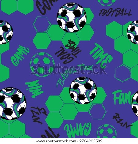 Seamless soccer pattern with football balls, hexagonal shapes, and graffiti-style words GOAL TIME, FUN, GAME, WIN, FOOTBALL. Dynamic sport vector design for kids t-shirts, apparel, and textiles.