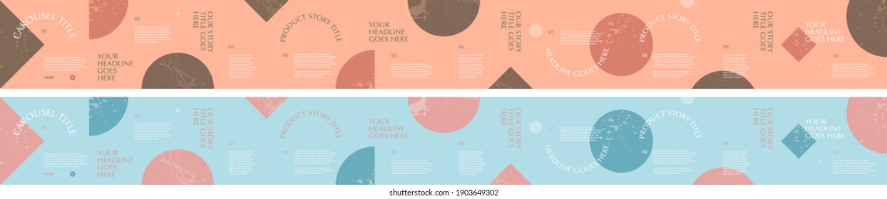 Seamless social media carousels vector template with abstract geometric shapes and doodle texture for promotion. posts, feeds, content theme creating. branding, visual identity creative assets, motif